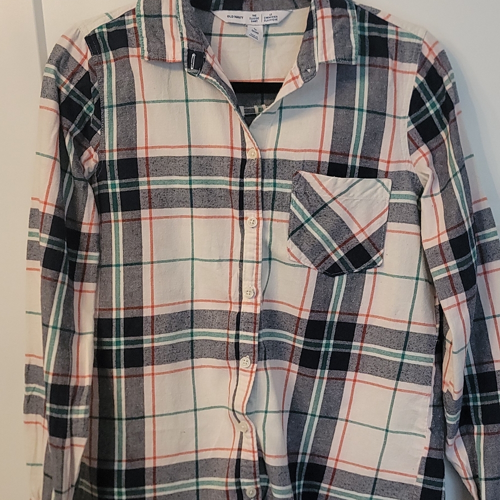 Old Navy Plaid Button-Down Shirt in White, Navy, Green, and Orange